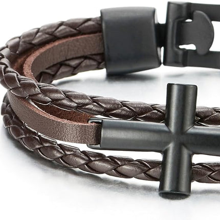 COOLSTEELANDBEYOND Black Horizontal Sideway Lateral Cross Brown Braided Leather Bangle Bracelet for Men Women Wristband