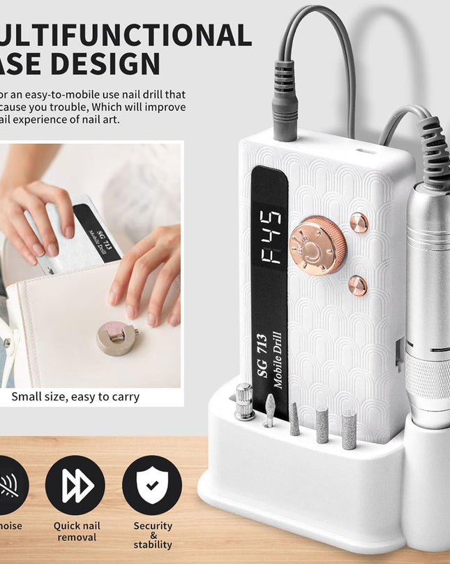 Professional Nail Drill Kit 45000RPM, Portable Electric Nail File with 13 Bits & 56pcs Sanding Bands,LED Screen,Ultra-Silent, Rechargeable Nail Drills Machine for Acrylic Nails Gel Polishing (White)