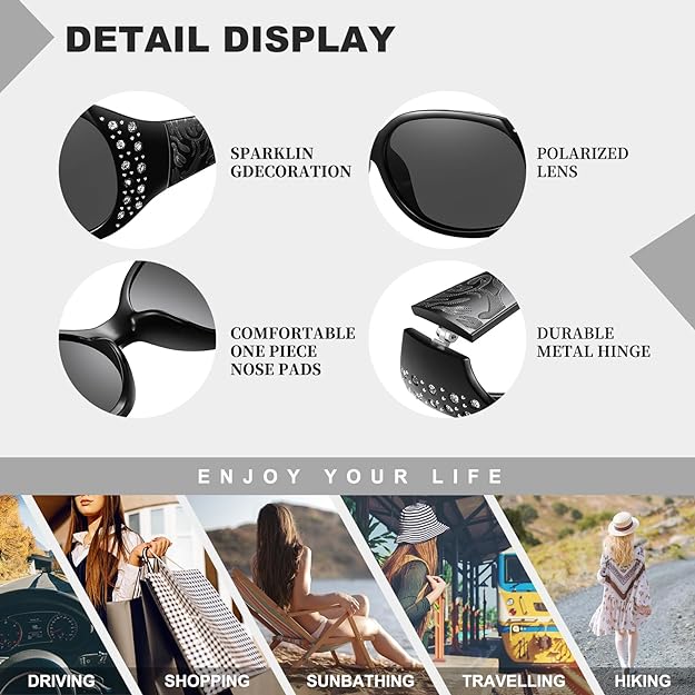 HAOLOTA Polarized Sunglasses for Women, Rhinestone Wrap Around Sunglasses with UV400 Protection