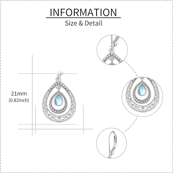 Moonstone Earrings 925 Sterling Silver Filigree Leverback Dangle Drop Bohemian Moonstone Jewelry Gift for Women Girls