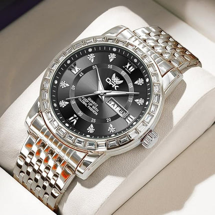 OPK Mens Watch Simple Fashion Diamonds Stainless Steel Analog Men Wrist Watch Diamond Large Dial Waterproof Date Casual Watch for Man