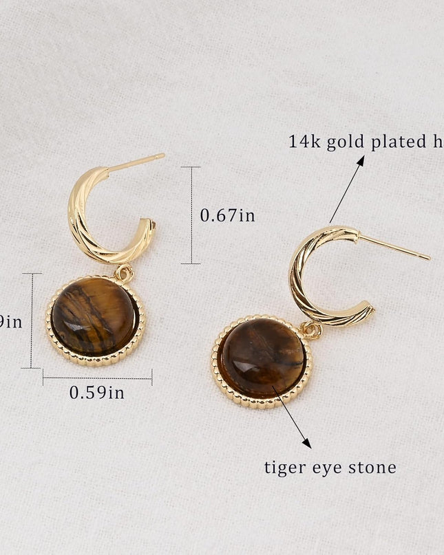 Tiger Eye Gemstone Earrings 14k Gold Plated Dangle Drop Earrings Gold Hoop Stud Earrings for Women Fashion Jewelry