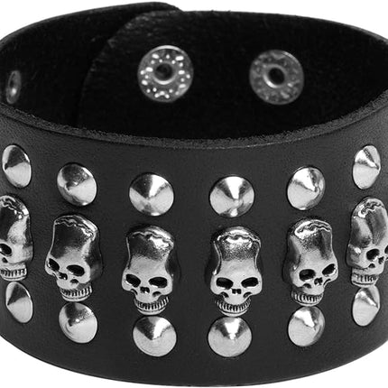 Black metal rivets studs punk rock biker wide belt leather bracelet guard wrist strap skull