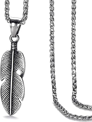 Moolee Men's Feather Pendant Necklace with Stainless Steel Link Chain