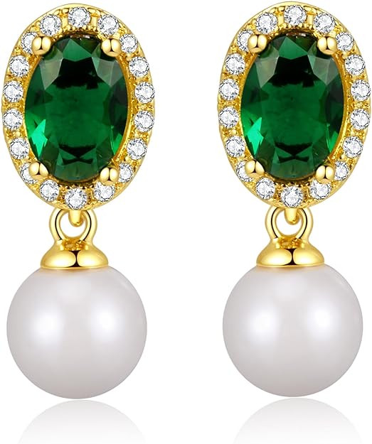 Emerald Crystal Earrings Pearl Drop Dangle Earring 14k Gold Plated Stud Huggie Earrings Vintage Long Short Jewelry Gifts
