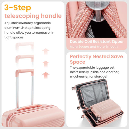 Luggage Set 4 Piece Suitcase Sets with Double Spinner Wheel, Expandable Hardside Travel Luggage with TSA Lock (14/20/24/28), PP Material Hardshell Carry on Travel Suitcases (D# Pink)