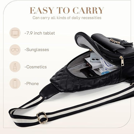 Missnine Sling Bag for Women Quilted PU Leather Fanny Pack Crossbody Bags Trendy Chest Bag Hiking Cycling Travel with Tassel