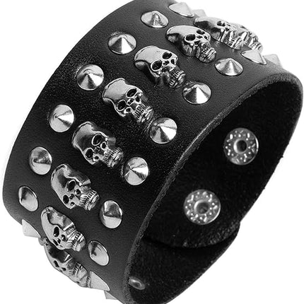 Black metal rivets studs punk rock biker wide belt leather bracelet guard wrist strap skull