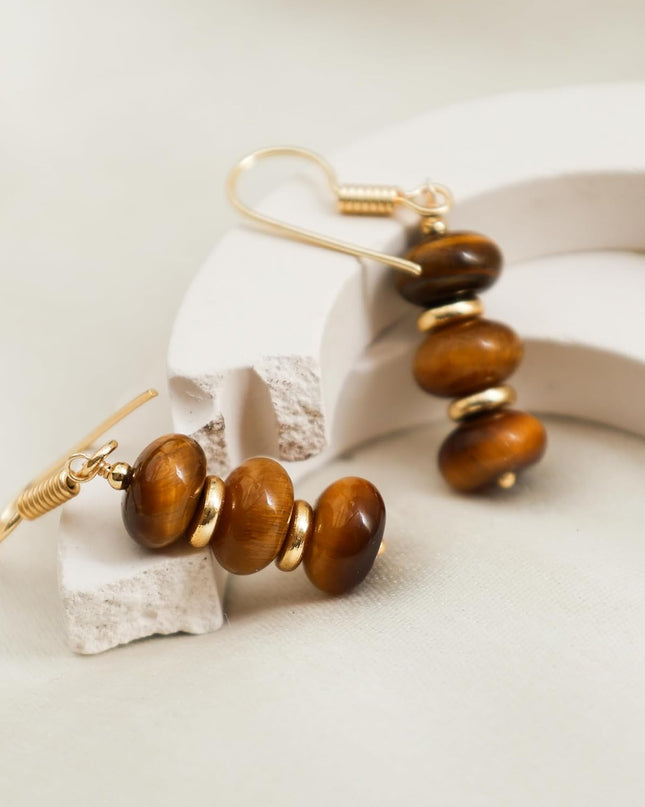Gempires Natural Tiger Eye 8 mm Roundelle Beads Earring, Crystal Healing Beads, Dangle Drop Earring For Women
