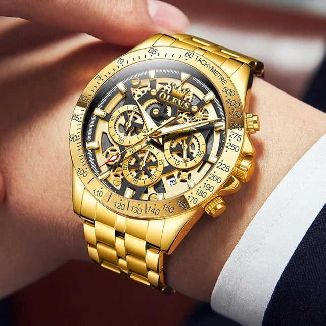 OLEVS Watch for Men Skeleton Business Dress Stainless Steel Waterproof Luminous Mens Wrist Watch