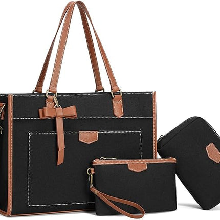 Keyli 3 PCS Laptop Bag for Women Canvas Tote Bags 15.6 inch Large Capacity Shoulder Handbag Lightweight Briefcase Purses