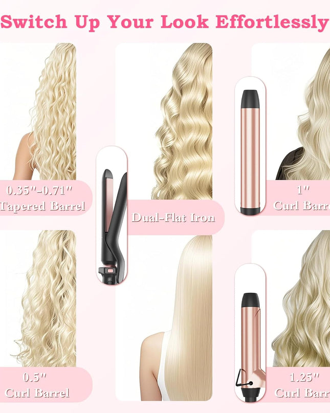 Ufree 5 in 1 Curling Iron with Interchangeable Ceramic Barrels (0.35"-1.25"), Curling Wand Set with Flat Iron Hair Straightener, Instant Heat Up, Dual Voltage Hair Curler, Gifts for Women