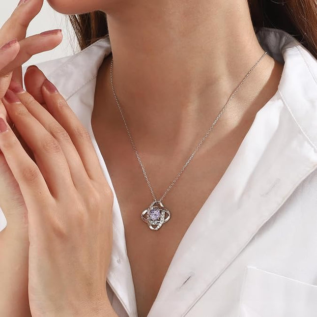 Aurora Tears Birthstone Love Knot Pendant Necklace - 925 Sterling Silver Firework-Cut Cubic Zirconia Love You Forever Necklace Anniversary Birthday Jewelry Gift for Women Wife Mom Daughter