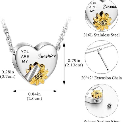 XIUDA Heart Ashes Necklace Urn Necklace with Sunflower You Are My Sunshine Cremation Necklace for Ashes Cremation Jewelry for Human Ashe Memorial Necklace with Flower