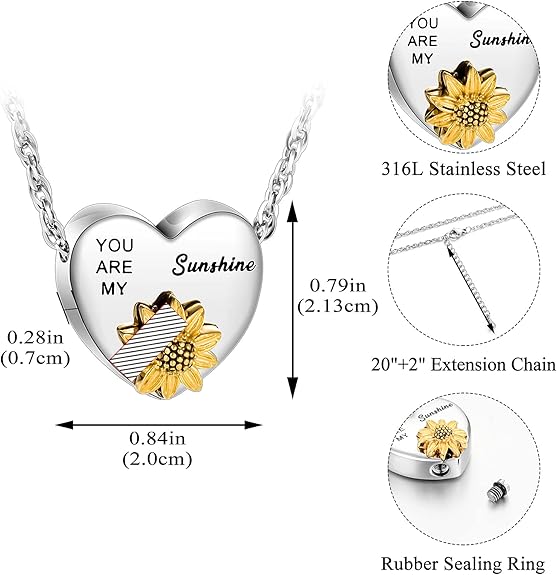 XIUDA Heart Ashes Necklace Urn Necklace with Sunflower You Are My Sunshine Cremation Necklace for Ashes Cremation Jewelry for Human Ashe Memorial Necklace with Flower