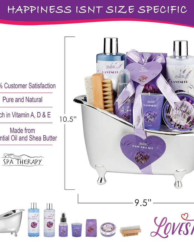 Relaxing Lavender Spa Bath Gift Baskets for Women-Girls, Christmas, Birthday, Bath and Body Set-Kit Includes Candle, Essential Oil, Body Scrub, Bath Salt, Body Lotion, Shower Gel and Body Scrub Brush