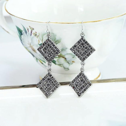 Jet Black Rhinestone Dangle Earrings for Women Silver Plated Sparkling Diamonds Drop Statement Earrings - Hypoallergenic