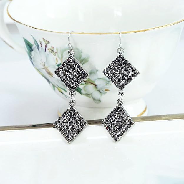 Jet Black Rhinestone Dangle Earrings for Women Silver Plated Sparkling Diamonds Drop Statement Earrings - Hypoallergenic