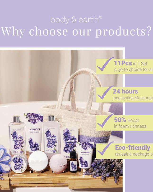 Spa Gift Baskets for Women - Body & Earth 11pcs Lavender Gift Sets with Bubble Bath, Shower Gel, Body Lotion, Birthday Gifts for Women, Spa Kit for Mom Gifts, Purple Gifts