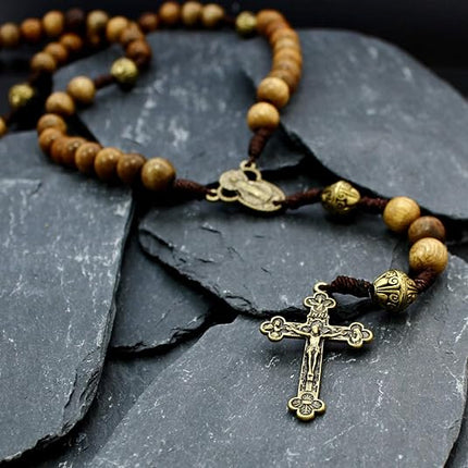 Alexander Castle Our Father Solid Wooden Rosary Beads (Handmade - Brazilian Walnut) with Miraculous Medal Junction - Comes in Velour Gift Pouch