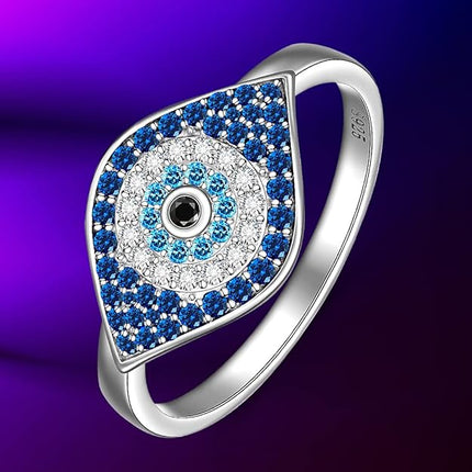 Evil Eye Ring Sterling Silver Sapphire Spiritual Turkish Blue Evil Eye Rings for Women Amulet Protection Ring Gift for Her Size 7