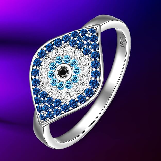 Evil Eye Ring Sterling Silver Sapphire Spiritual Turkish Blue Evil Eye Rings for Women Amulet Protection Ring Gift for Her Size 7