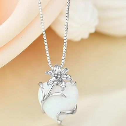 YL Heart Necklace for Women 925 Sterling Silver Lily Pendant Created Opal Flower Jewelry