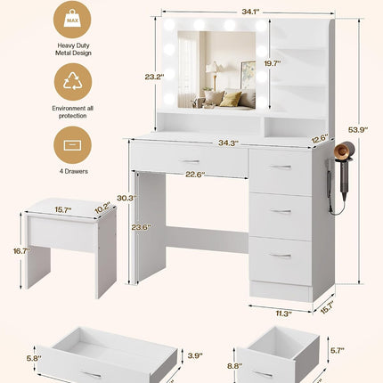 LIVELYGLOW White Makeup Vanity Desk with Charging Station & 4 Drawers
