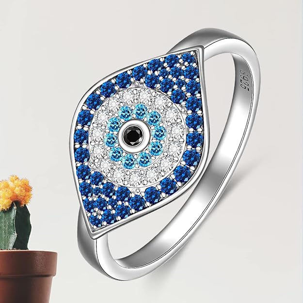 Evil Eye Ring Sterling Silver Sapphire Spiritual Turkish Blue Evil Eye Rings for Women Amulet Protection Ring Gift for Her Size 7