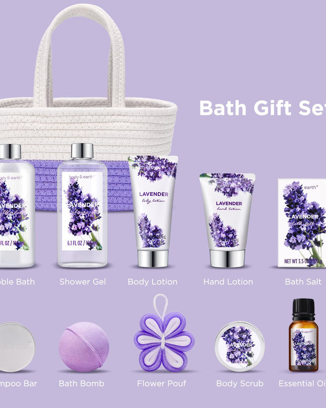 Spa Gift Baskets for Women - Body & Earth 11pcs Lavender Gift Sets with Bubble Bath, Shower Gel, Body Lotion, Birthday Gifts for Women, Spa Kit for Mom Gifts, Purple Gifts