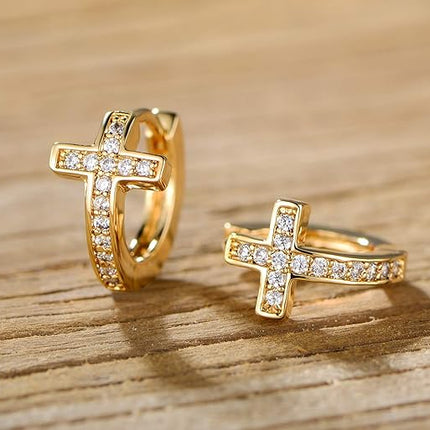 Barzel 18k Gold Plated Crystal Huggies Cross Earrings for Women