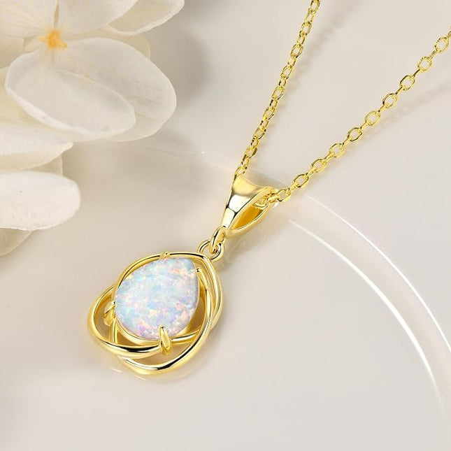 YUNKAI Opal Necklace for Women 925 Sterling Silver Pear Shape Pendant