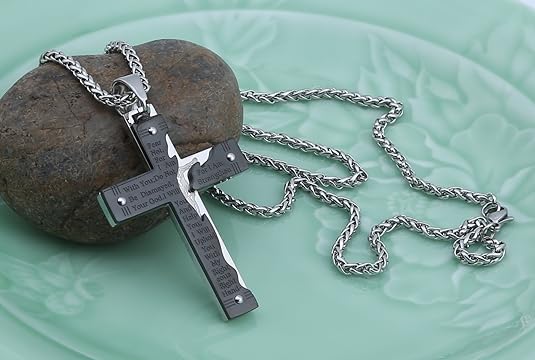 Men's Stainless Steel Jesus Christ Crucifix Cross Lord's Prayer Pendant Necklace