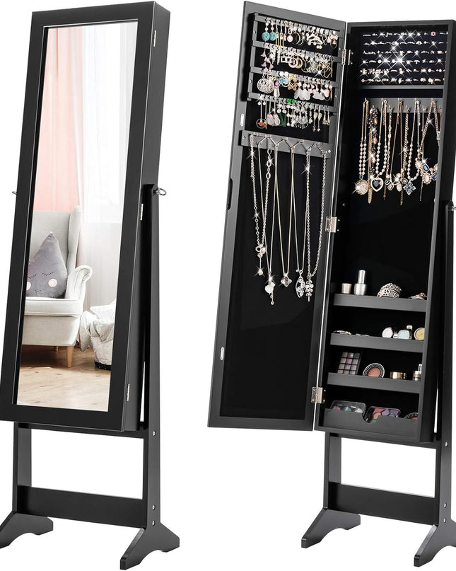 Giantex Jewelry Cabinet with Full-Length Mirror, Standing Jewelry Armoire Organizer with 64 Earring Slots, 72 Ring Slots, 20 Necklace Hooks, 4 Storage Shelves, 3 Angle Adjustable (Black)