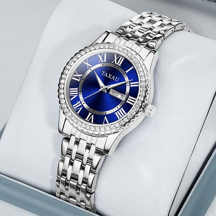 Taxau Watches for Women Stainless Steel Analog Quartz Watch for Women Waterproof Roman Numerals with Day Date