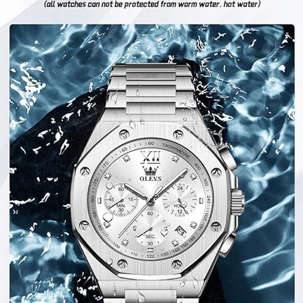 OLEVS Watches for Men Stainless Steel Business Dress Large Easy to Read Analog Watch Waterproof Luminous Casual Luxury Men Watch