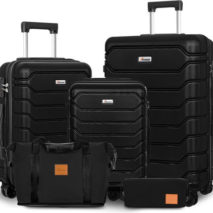 Romswi 5PCS Luggage Sets,Lightweight PC+ABS Hardshell Luggage with Spinner Wheels TSA Lock, Durable Suitcase Sets with Duffel Bag Travel Bag Black (20/24/28inch)
