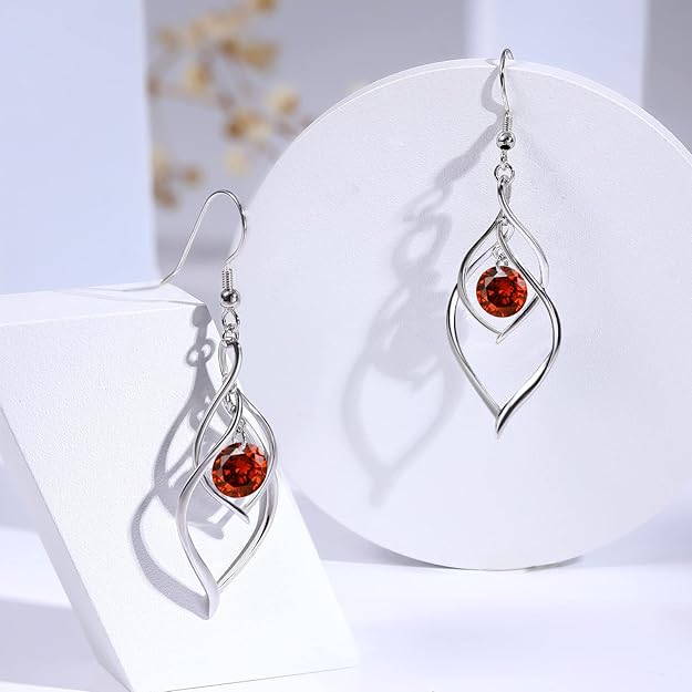 Birthstone Dangle Drop Earrings for Women - 925 Sterling Silver Birthstones Double Twist Leaf Linear Swirl Earrings Infinity Piercing CZ Fish Hook Earring, Classic Birthday Jewelry