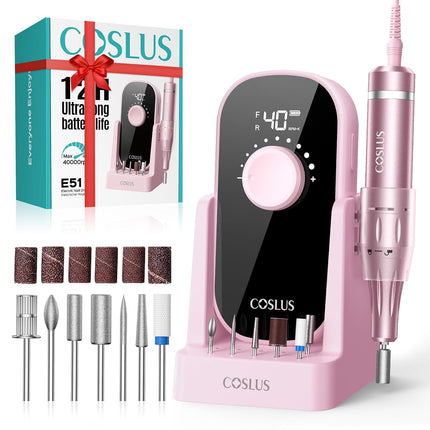 COSLUS Professional Rechargeable Electric Nail Drill 40000 RPM, Portable Nail File with Storage Stand for Acrylic Gel Polishing Removing - Easy to Use for Women, Manicure at Home DIY or Salon, Pink