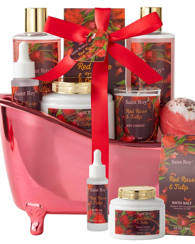 Mother's Day Bath Spa Gift Set Red Rose & Tulip Spa Basket Kits for Women and Men, Contains Essential Oil, Bubble Bath, Body Lotion, Bath Salt, Soy Candle, self care baskets for women gift