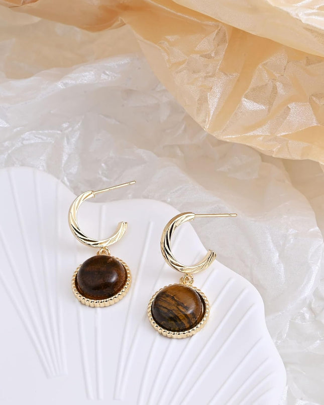 Tiger Eye Gemstone Earrings 14k Gold Plated Dangle Drop Earrings Gold Hoop Stud Earrings for Women Fashion Jewelry