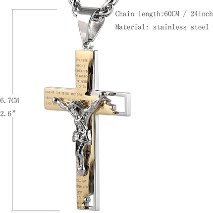 HZMAN Men's Stainless Steel Cross Crucifix Bible Prayer Pendant Necklace 22+2" Chain