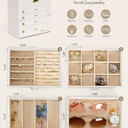 Homde Synthetic Leather Huge Jewelry Box Mirrored Watch Organizer Necklace Ring Earring Storage Lockable Gift Case (White + Gold)