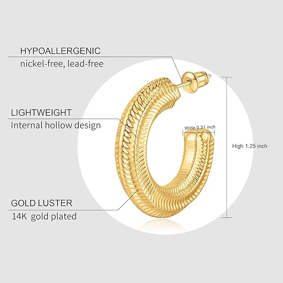 Chunky Gold Hoop Earrings for Women, 14k Gold Chunky Earrings for Women Big Large Gold Hoop Earrings Tarnish Free Gold Earrings Hypoallergenic Lightweight Thick Hoop Earrings Trendy Gold Hoop Earrings