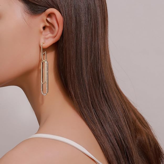 Paper Clip Link Hanging Earring, Long Chain Link Dangle Earrings for Women,Big Geometric Cubic Zirconia Rhinestone Earrings, S925 Sterling Silver Post Stud(Style1)