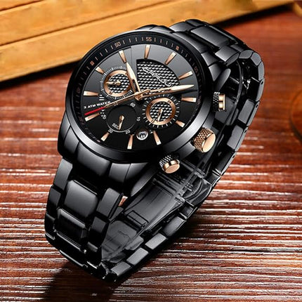 CRRJU Men's Business Casual Chronograph Quartz Waterproof Wristwatch Black Leather Strap