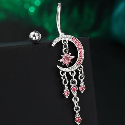 COCHARM Moon Dangle Belly Button Rings for Women 14g Belly Rings Dangling Cute Nave Rings Boho Belly Navel Piercing Jewelry