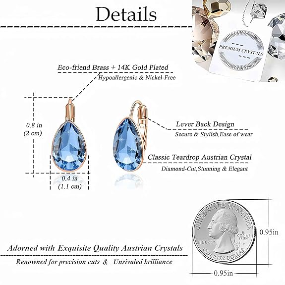Teardrop Austrian Crystal Leverback Drop Earrings for Women 14K Rose Gold Plated Hypoallergenic Jewelry