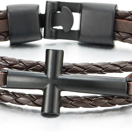 COOLSTEELANDBEYOND Black Horizontal Sideway Lateral Cross Brown Braided Leather Bangle Bracelet for Men Women Wristband