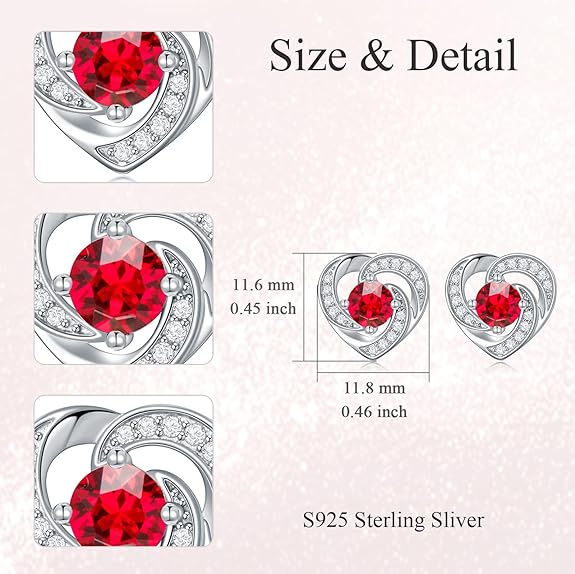 AOBOCO 925 Sterling Silver Birthstone Heart Stud Earrings, Anniversary Valentine's Birthday Jewelry Gifts for Women Girls